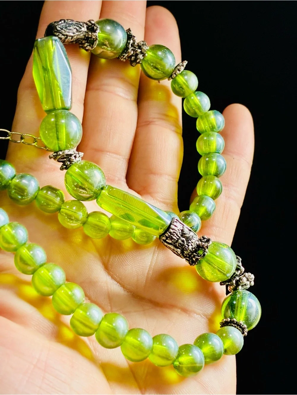 Vibrant Green Glass Bead Necklace with Silver-Tone Accents